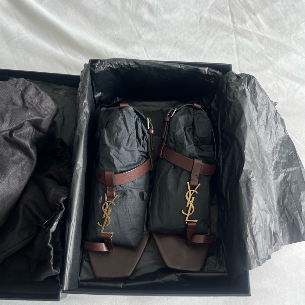 Saint Laurent Brown Sandals with Gold Logo - Picture 2 of 12